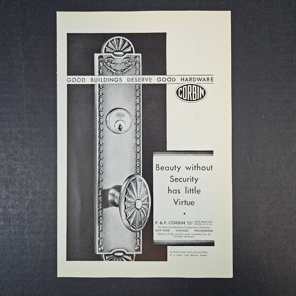 1930 P&F Corbin Doorknobs & Hardware Vintage Print Ad New‎ Britain CT Adam Model